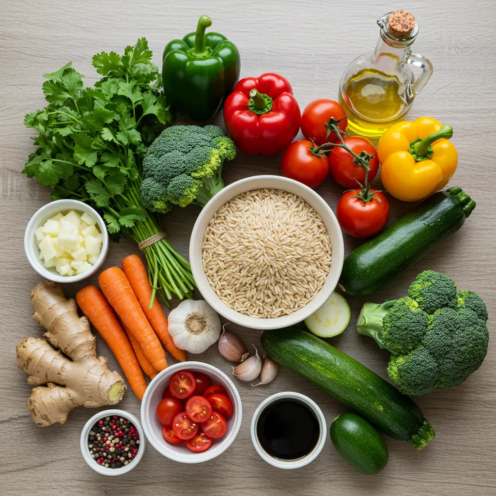 Ethnic brown rice with colorful mixed vegetables served in a rustic bowl