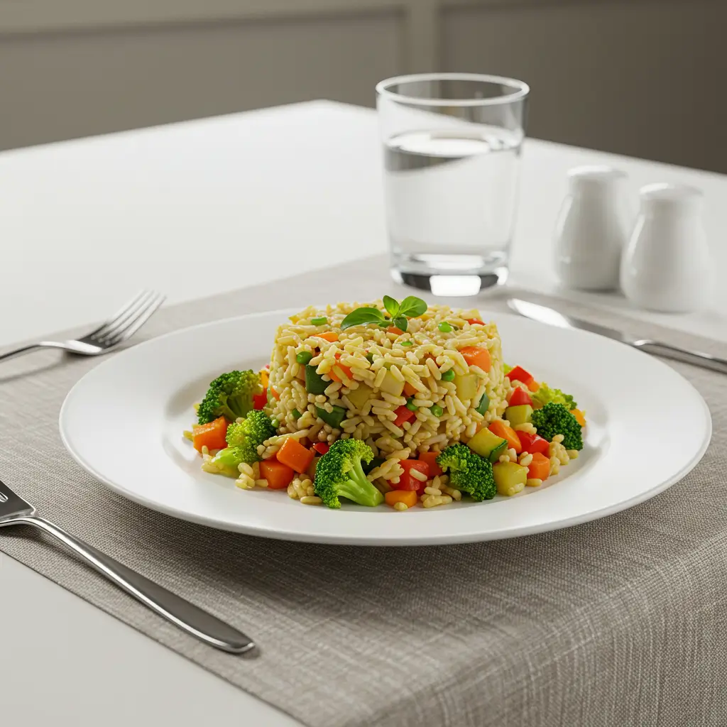 "Ethnic brown rice with colorful mixed vegetables served in a rustic bowl"