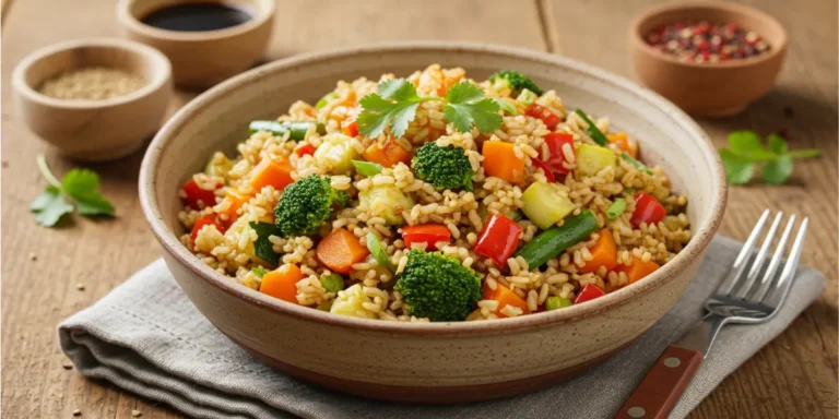 "Ethnic brown rice with colorful mixed vegetables served in a rustic bowl"