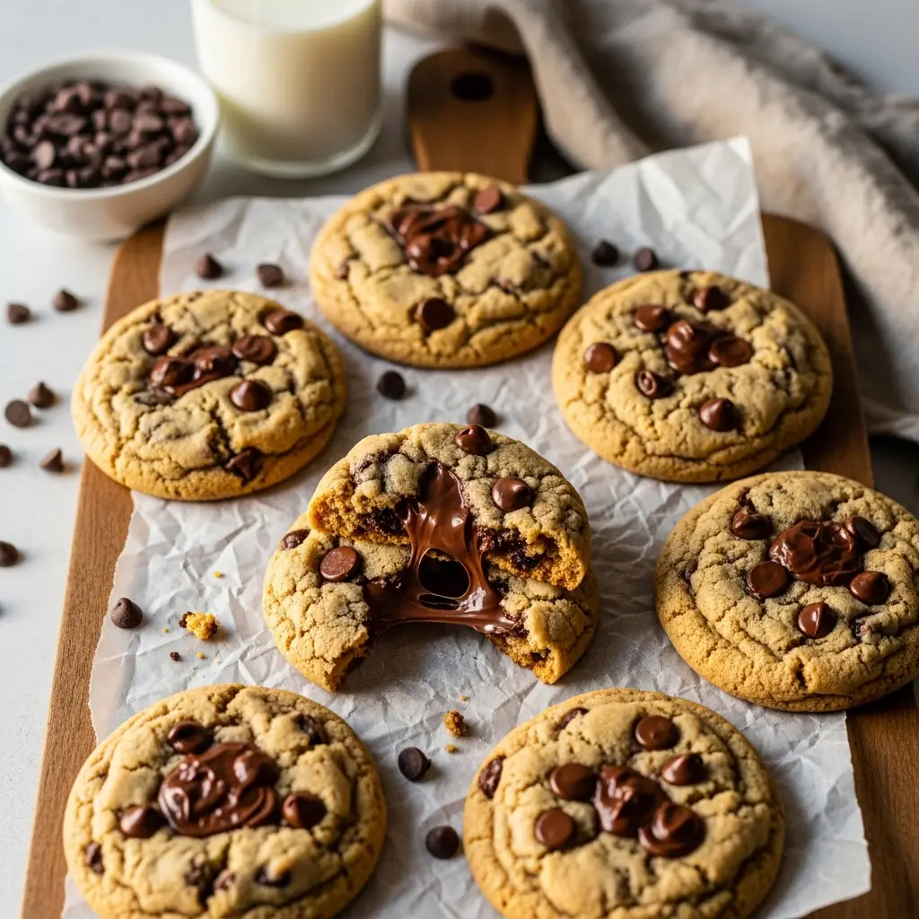 Freshly baked Millie's cookies recipe showing thick soft and chewy chocolate chip cookies on parchment paper with one cookie broken in half revealing a gooey melted chocolate centre