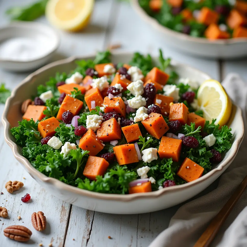 Fresh Sweet Potato Kale Salad with Feta and Cranberries