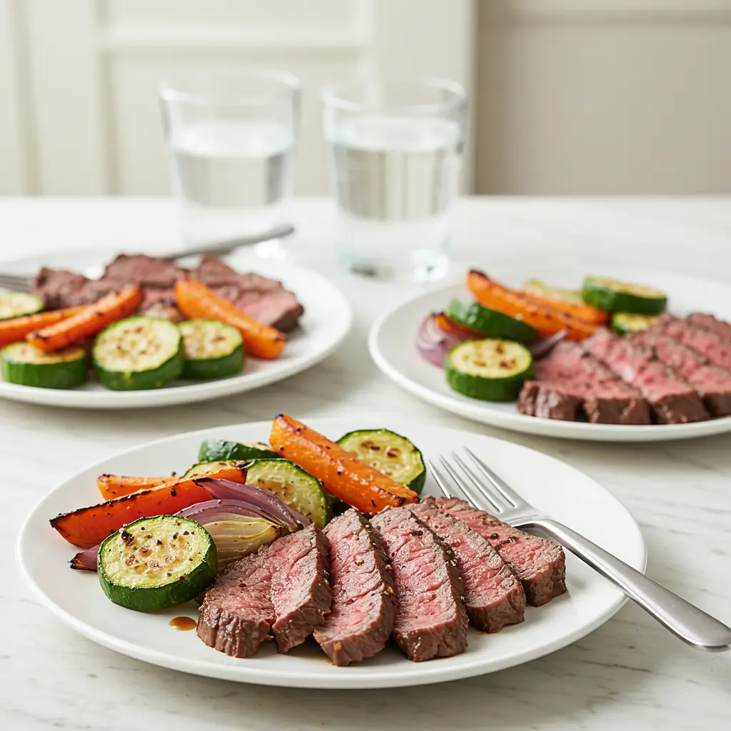 A plated serving of delicious Sheet Pan Steak with a side of colorful roasted vegetables."
