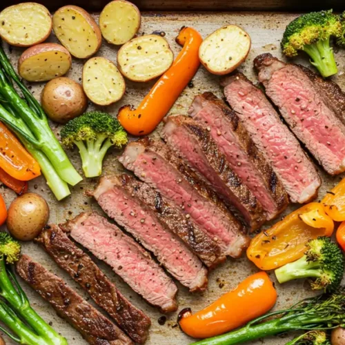 Deliciously cooked Sheet Pan Steak with vibrant roasted vegetables ready to eat
