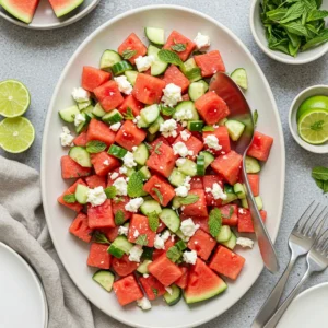 Vibrant bowl of Watermelon Cucumber Salad with feta and mint, perfectly dressed and ready to eat.