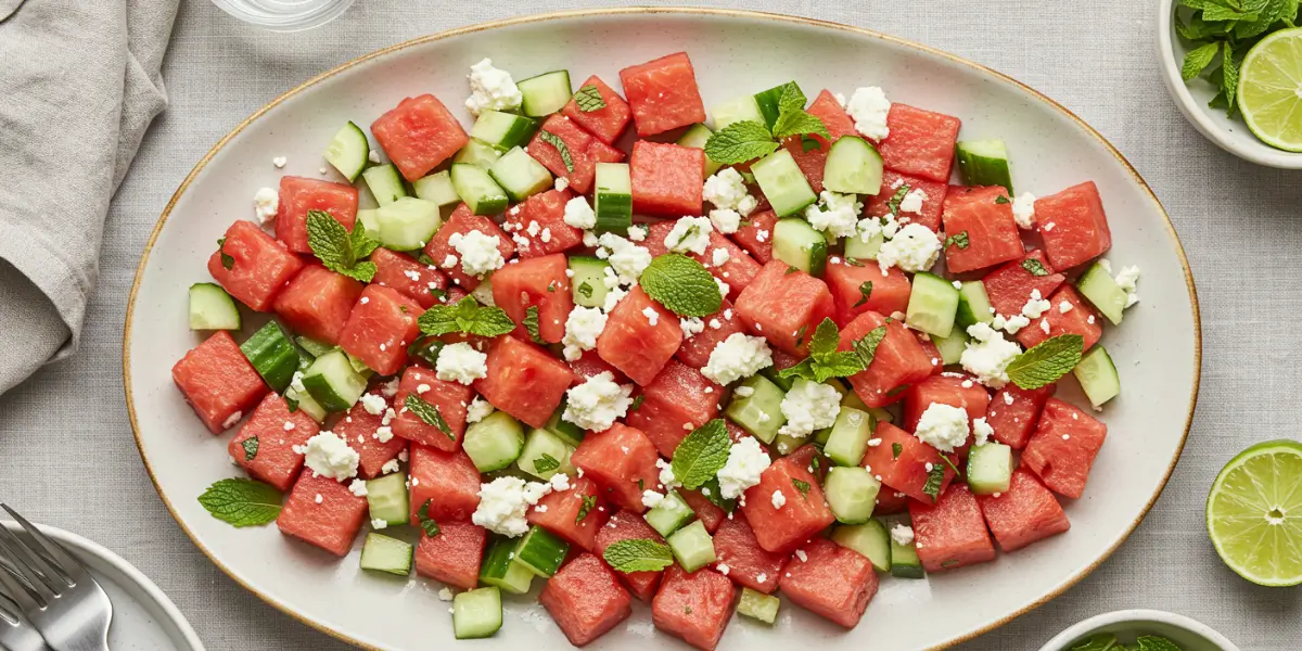 Vibrant bowl of Watermelon Cucumber Salad with feta and mint, perfectly dressed and ready to eat