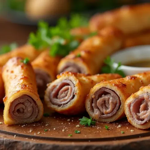 A plate of home-style beef rolls served with steamed carrots and green beans.