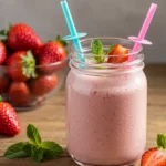 Multiple glasses of creamy strawberry agua fresca garnished with mint and fresh strawberries, served with a glass pitcher on a bright summer table.