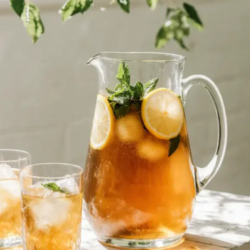 A tall, beautiful glass of crystal-clear iced tea from a homemade iced tea recipe, glistening with condensation and garnished with a lemon wheel and mint.