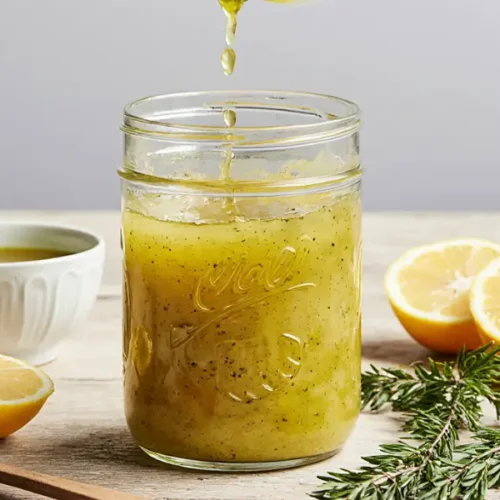 Fresh lemon vinaigrette recipe being drizzled over mixed greens with lemons, olive oil, and ingredients on white background