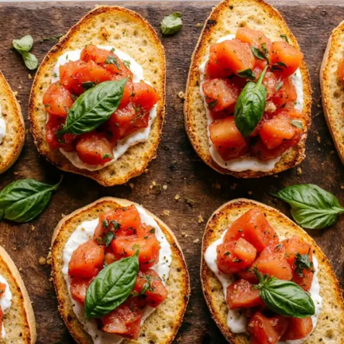 Fresh tomato basil bruschetta on golden toasted crostini arranged on rustic wooden board with olive oil and fresh basil garnish