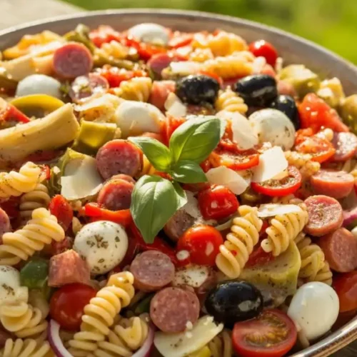 Vibrant Italian pasta salad with salami, mozzarella, and fresh veggies in a bowl at sunny picnic. No-mayo dressing.