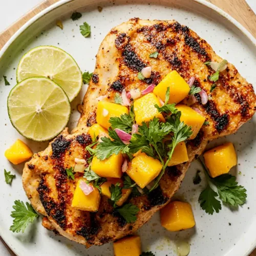 Honey lime chicken with mango salsa served on white plate with lime wedges and cilantro garnish