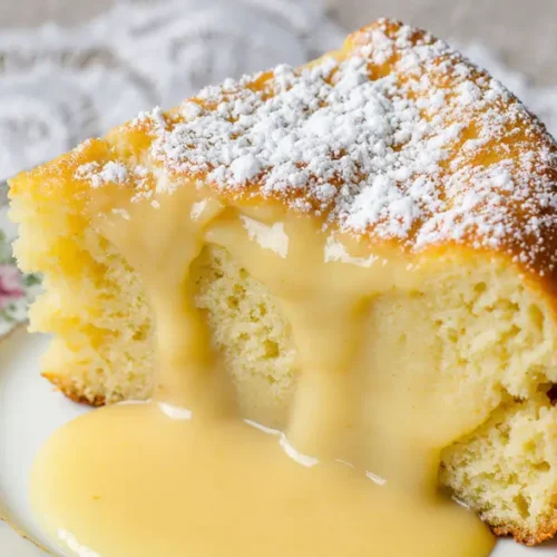 A slice of lemon custard cake with a golden sponge top and creamy lemon filling, dusted with powdered sugar and served on a floral plate.