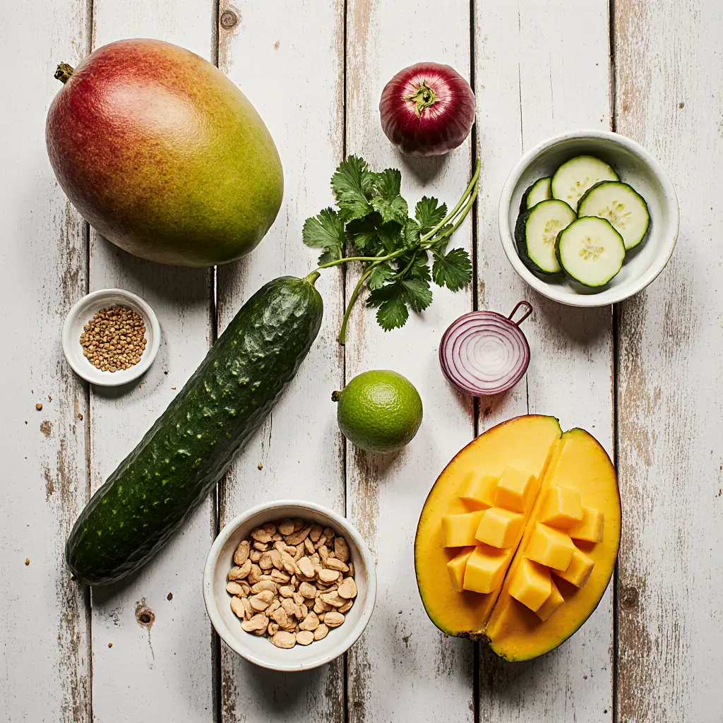 A white plate holding a perfectly grilled salmon fillet next to a vibrant serving of Mango Cucumber Salad, topped with fresh cilantro and peanuts