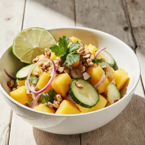 A white plate holding a perfectly grilled salmon fillet next to a vibrant serving of Mango Cucumber Salad, topped with fresh cilantro and peanuts