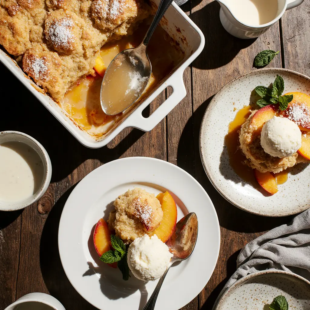 Slice of golden peach cobbler on white plate with vanilla ice cream and vintage spoon