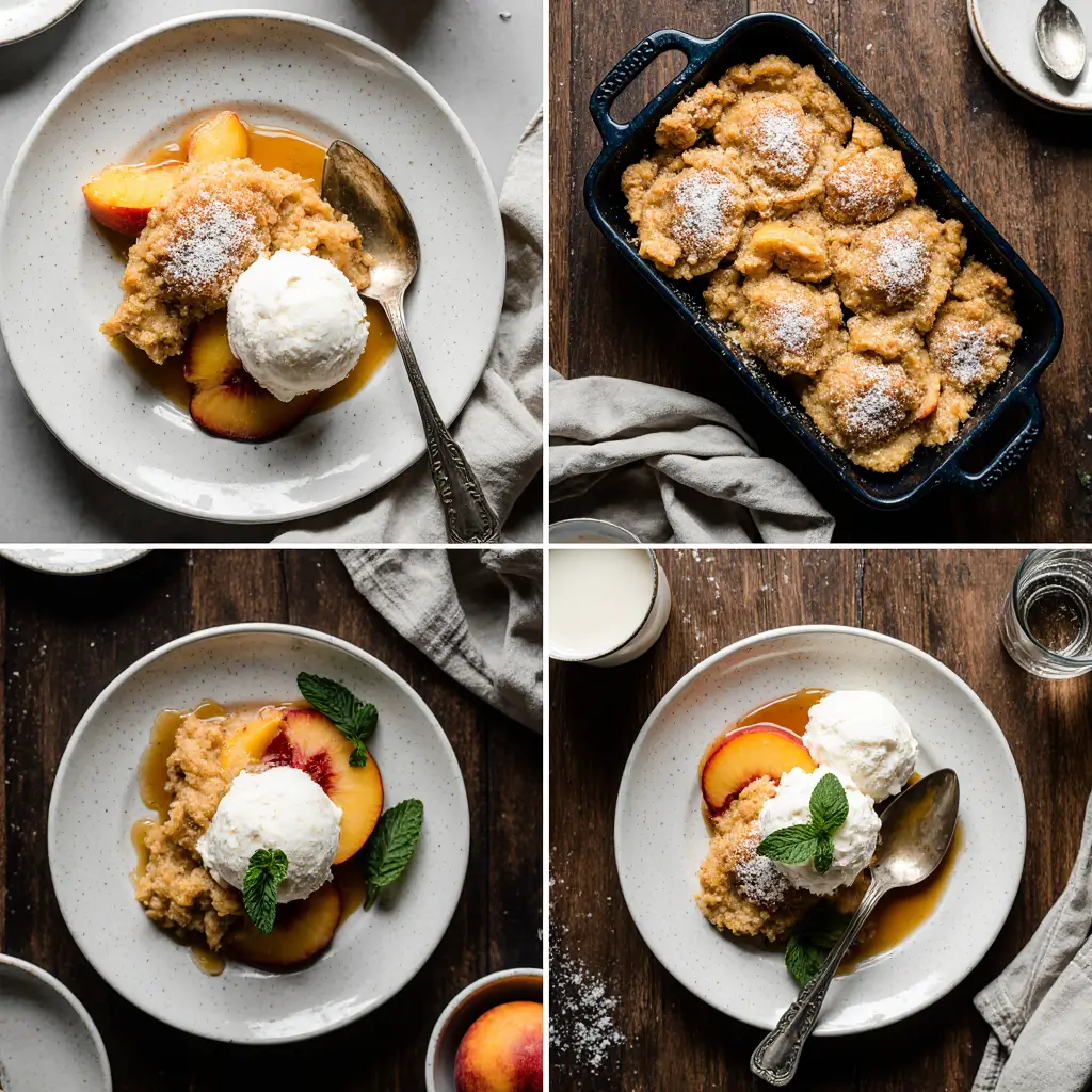 Slice of golden peach cobbler on white plate with vanilla ice cream and vintage spoon