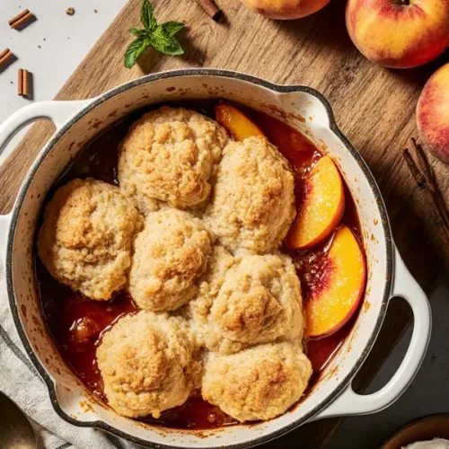 Slice of golden peach cobbler on white plate with vanilla ice cream and vintage spoon