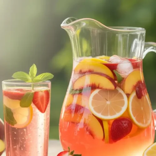 "Three ways to serve Peach Strawberry Lemonade: mason jar, wine glass, and pitcher with garnishes at summer BBQ setting."