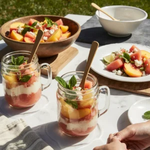 Fresh peach watermelon salad with mint and feta cheese in glass bowl on marble surface