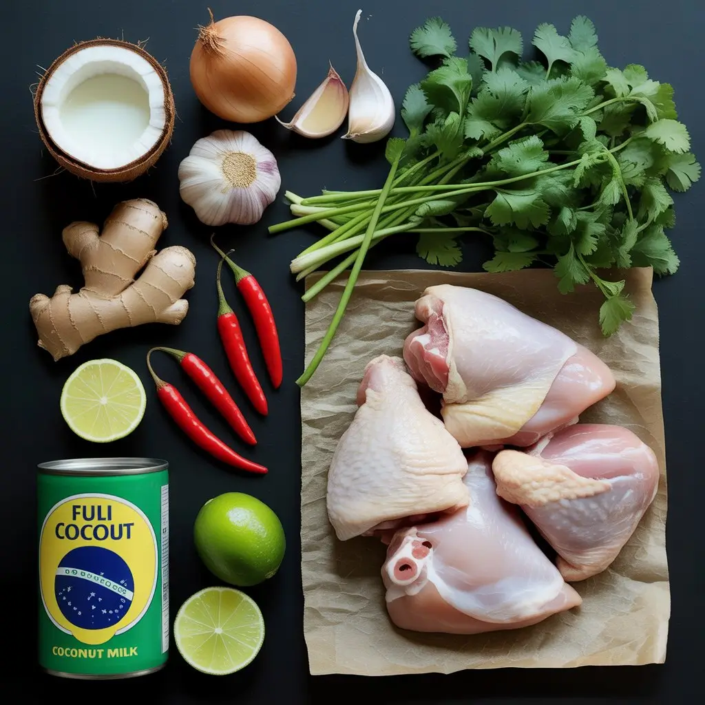 Spicy Brazilian coconut chicken in rustic ceramic bowl with golden chicken pieces in creamy coconut sauce garnished with fresh cilantro and lime wedges