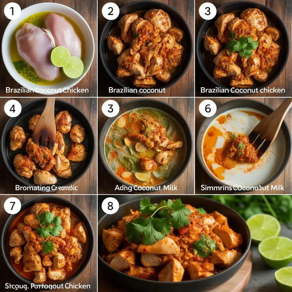 Spicy Brazilian coconut chicken in rustic ceramic bowl with golden chicken pieces in creamy coconut sauce garnished with fresh cilantro and lime wedges