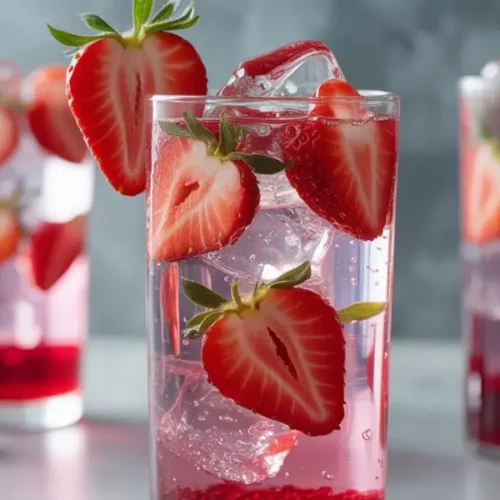 Three tall glasses of strawberry-infused purple soda with ice and fresh strawberry slices on a light background.
