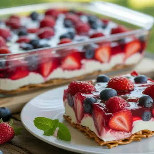 A perfect slice of Summer Berry Jello Lasagna on a white plate, showing its distinct layers of pretzel crust, cream cheese filling, and berry jello topping