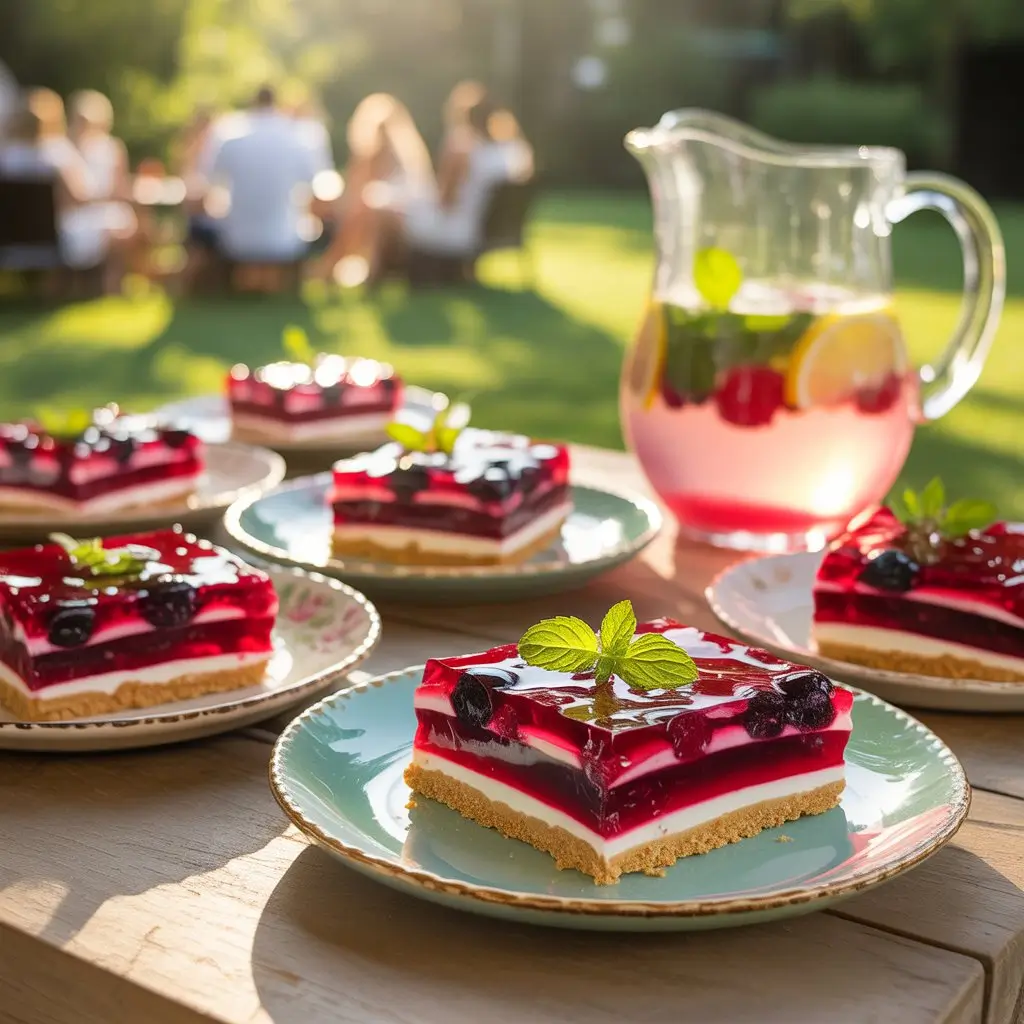 A close-up shot of a slice of no-bake Summer Berry Jello Lasagna, with a crunchy pretzel base, a smooth white cream layer, and a vibrant red jello topping filled with fresh strawberries and blueberries.