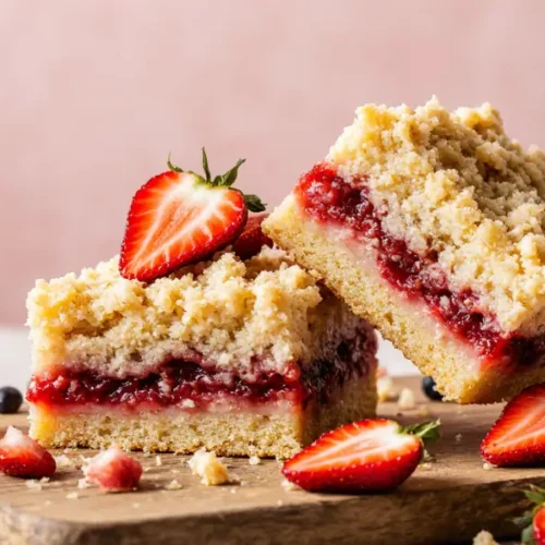 Freshly baked strawberry shortcake bars with golden crumb topping served on white plates with whipped cream and fresh strawberries