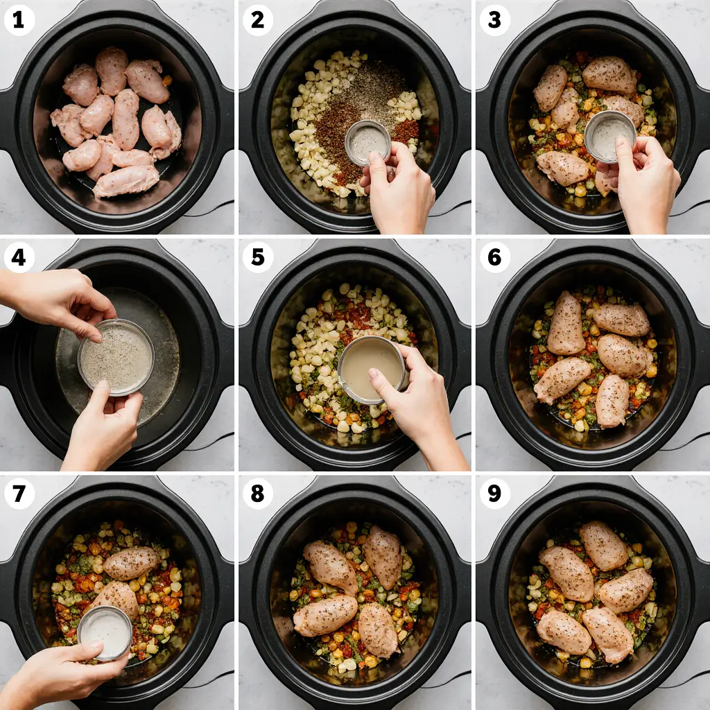 Crockpot chicken recipe step by step tutorial showing ingredient prep seasoning layering slow cooker cooking techniques for tender chicken"