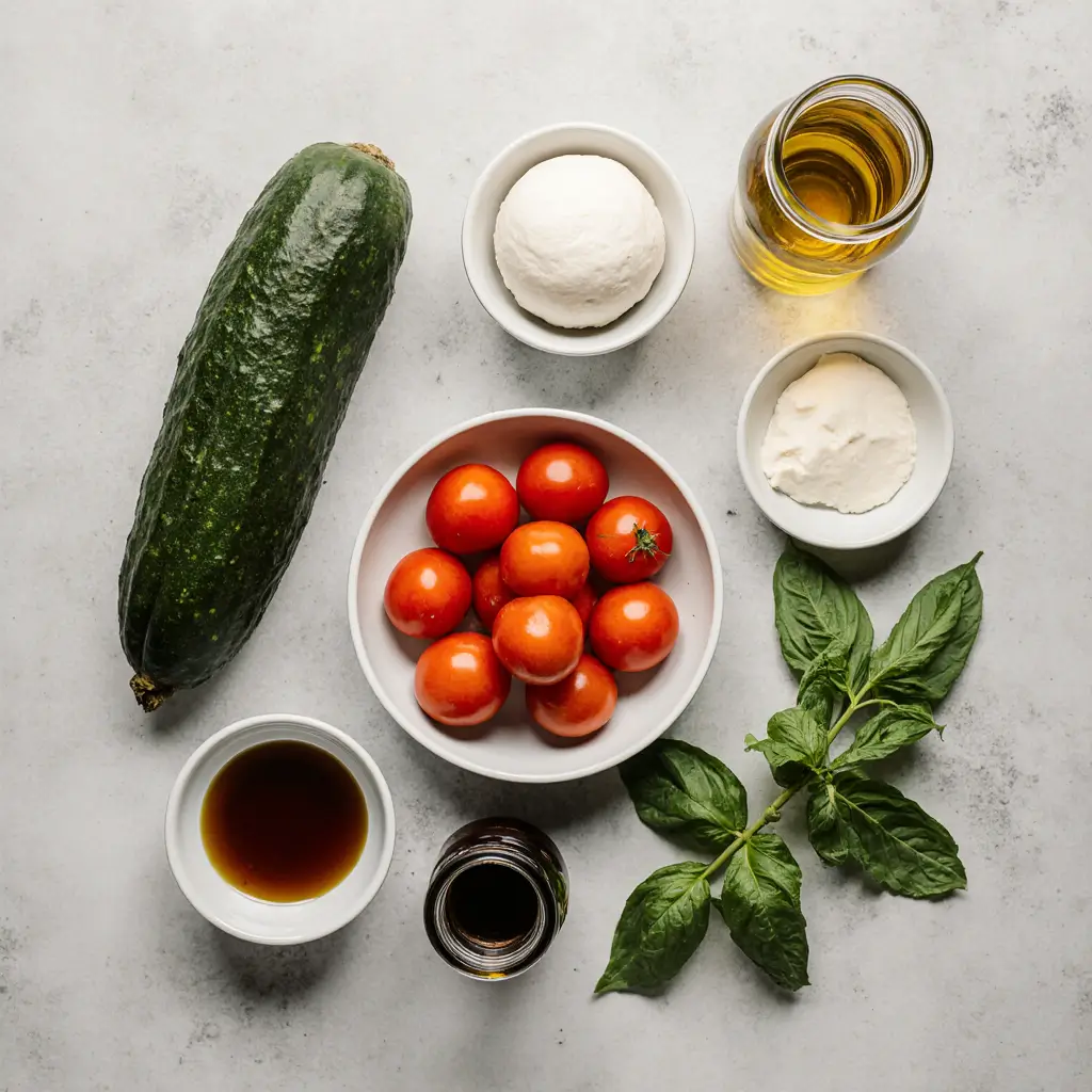 A vibrant, overhead shot of a fresh Cucumber Caprese Salad in a white bowl, featuring crisp cucumber, juicy tomatoes, creamy mozzarella, and basil, drizzled with olive oil and balsamic glaze.

