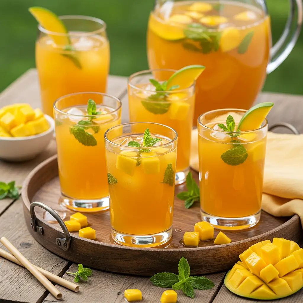 Ingredients for homemade mango iced tea: fresh mangoes, tea bags, lemon, and sugar
