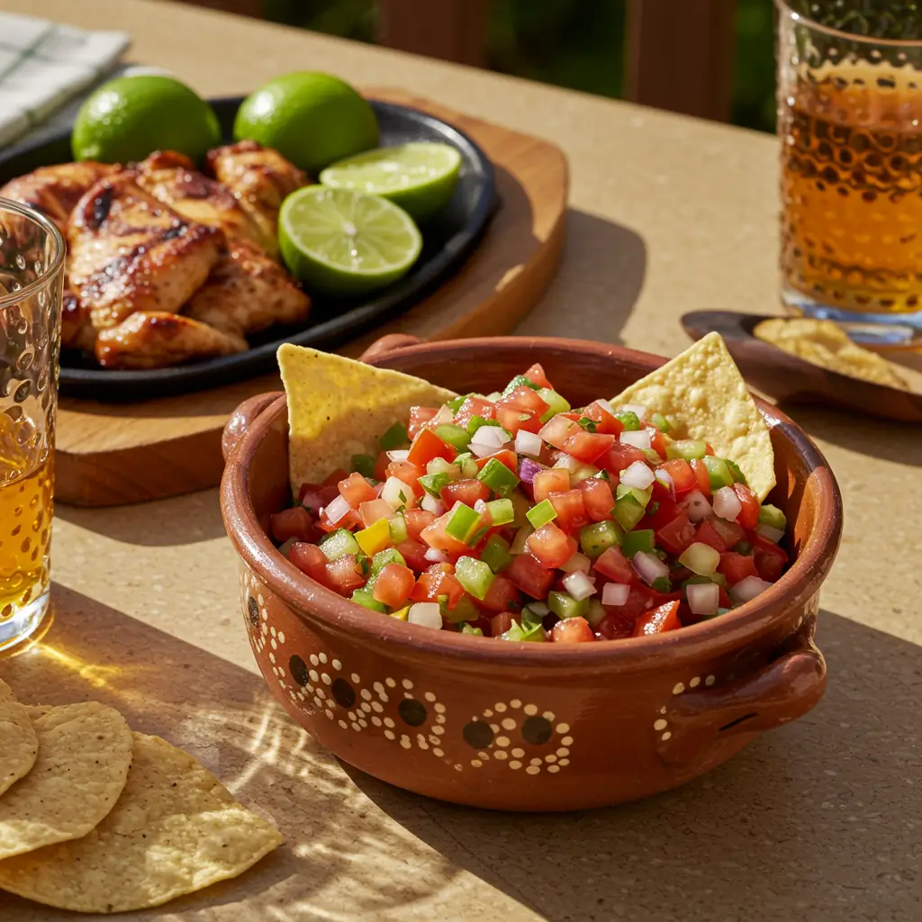 A vibrant bowl of fresh, homemade Pico de Gallo salsa with diced tomatoes, onions, and cilantro, next to tortilla chips.