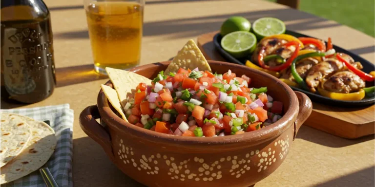 A vibrant bowl of fresh, homemade Pico de Gallo salsa with diced tomatoes, onions, and cilantro, next to tortilla chips