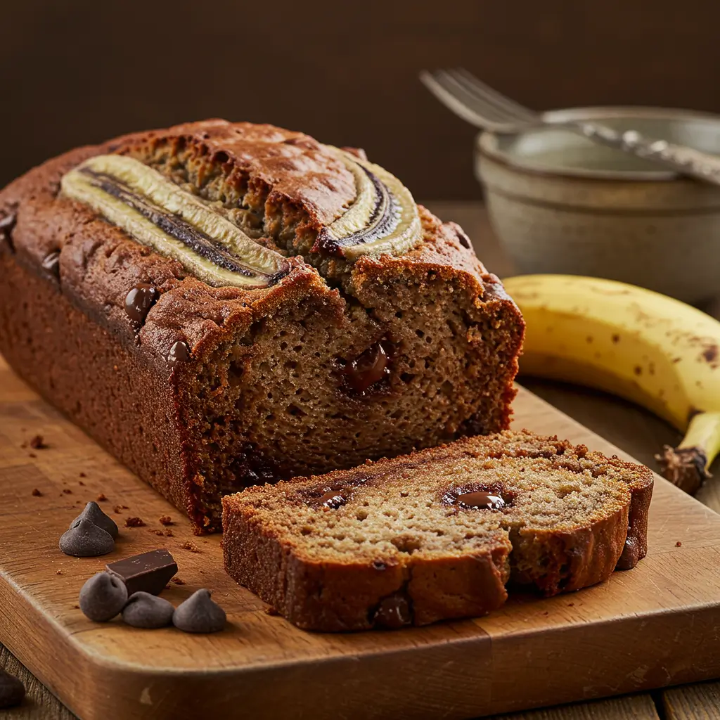 Freshly baked, moist chocolate chip banana bread with gooey chocolate chips