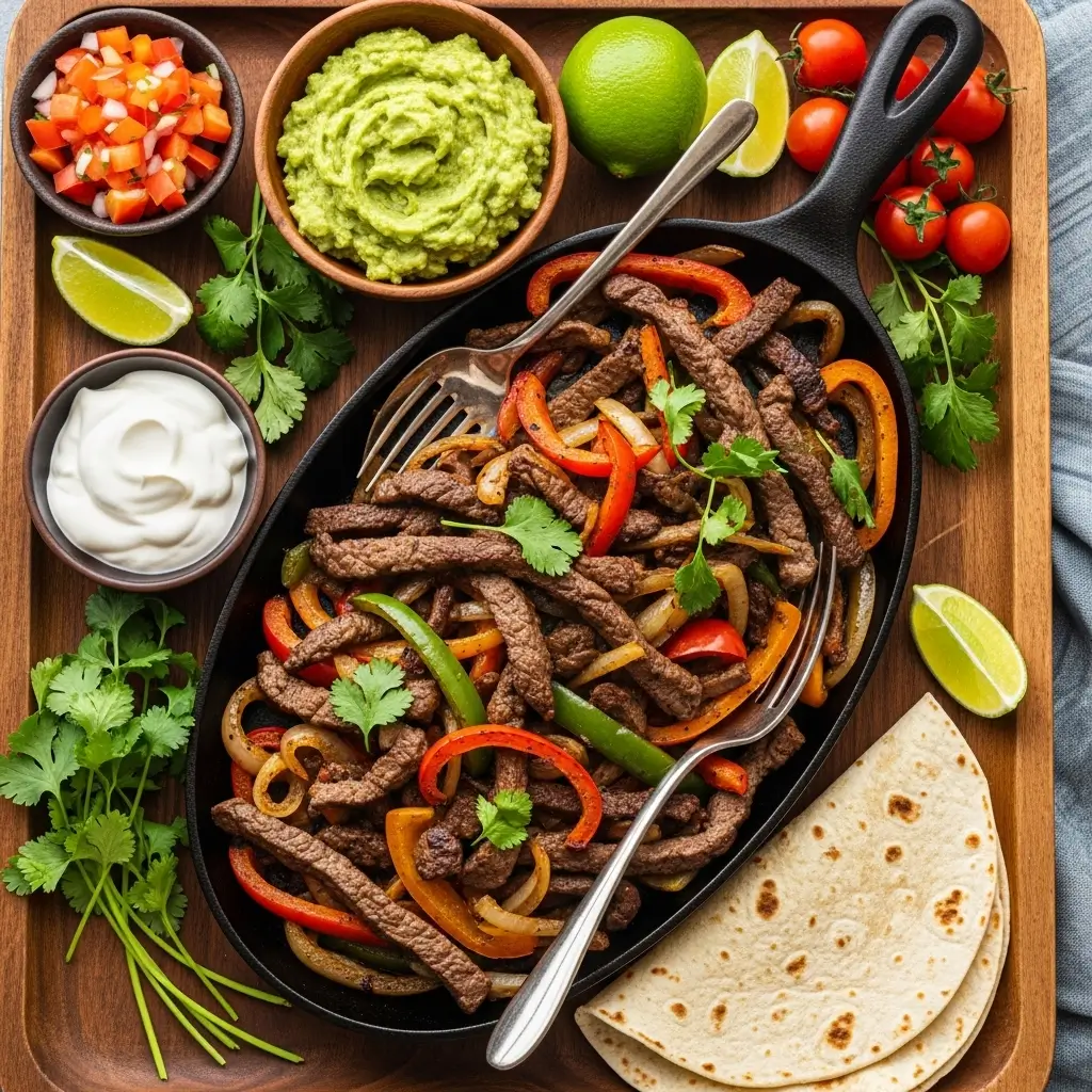 Step-by-step visual guide for making easy air fryer steak fajitas, showing slicing, seasoning, cooking, and serving.