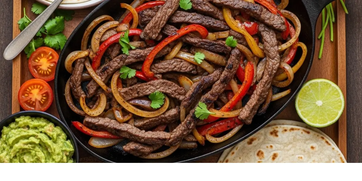 Step-by-step visual guide for making easy air fryer steak fajitas, showing slicing, seasoning, cooking, and serving.