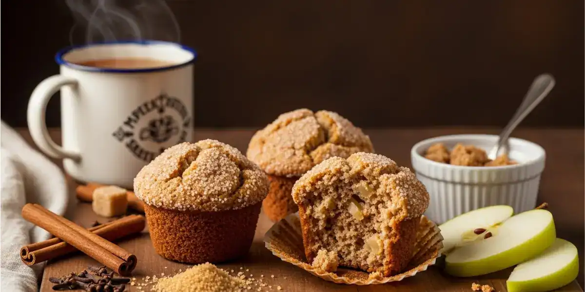A fresh batch of homemade apple cider muffins served in a rustic basket on a wooden table, ready for a cozy autumn breakfast.