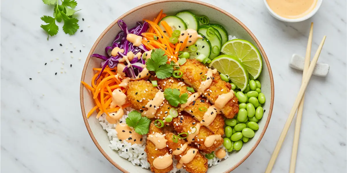 Bang Bang Chicken Bowl with crispy breaded chicken, creamy pink sauce, colorful vegetables, and white rice in ceramic bowl on marble surface