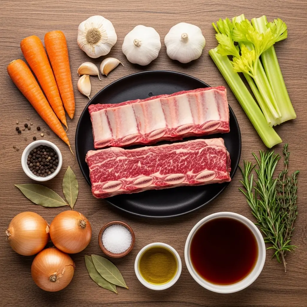 Plated beef short ribs with rich sauce, mashed potatoes, and roasted vegetables garnished with fresh rosemary and thyme, ready to serve.