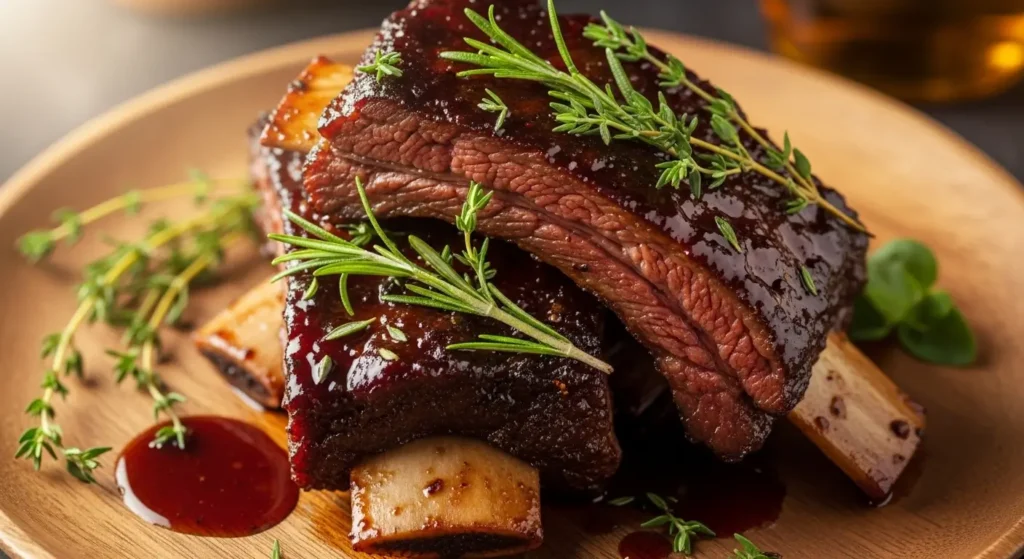 Plated beef short ribs with rich sauce, mashed potatoes, and roasted vegetables garnished with fresh rosemary and thyme, ready to serve.