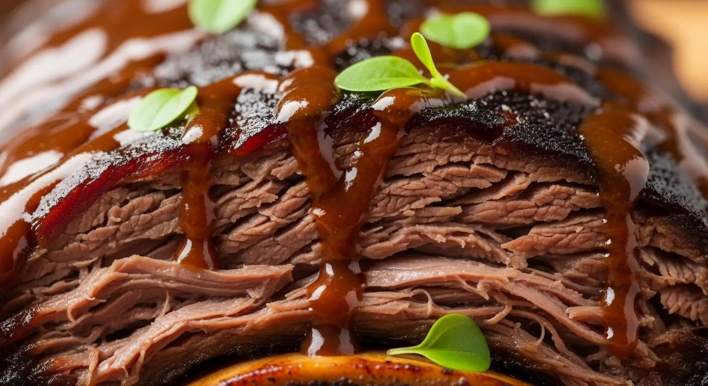 Plated beef short ribs with rich sauce, mashed potatoes, and roasted vegetables garnished with fresh rosemary and thyme, ready to serve.