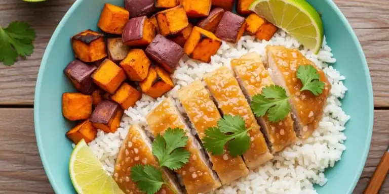 Honey lime chicken with roasted sweet potatoes and white rice, garnished with fresh cilantro and lime wedges in a bowl