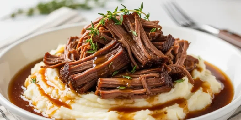 A serving of fall-apart tender pot roast with carrots and potatoes in rich gravy, plated in a rustic bowl.