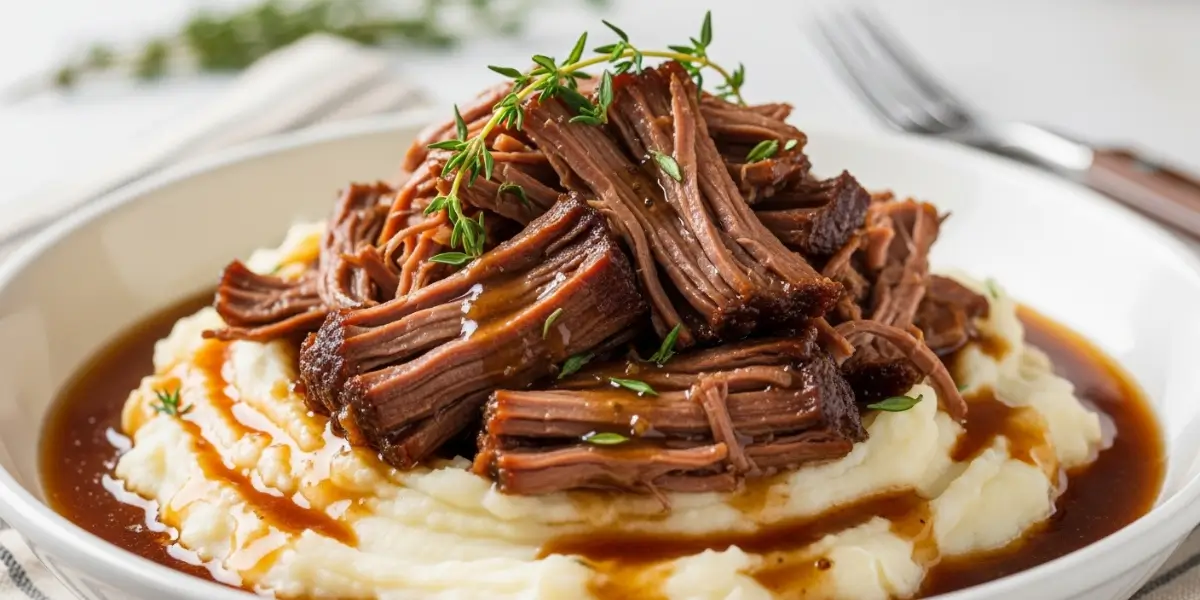 A serving of fall-apart tender pot roast with carrots and potatoes in rich gravy, plated in a rustic bowl.