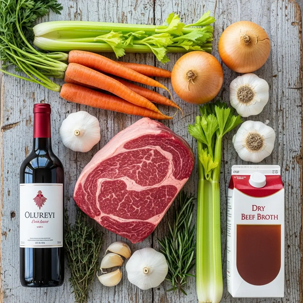 A serving of fall-apart tender pot roast with carrots and potatoes in rich gravy, plated in a rustic bowl.