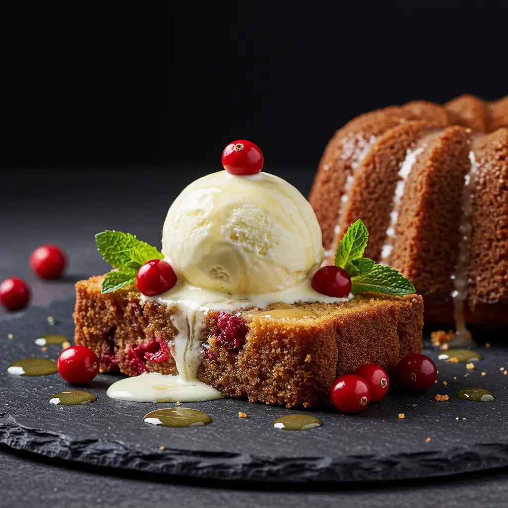 A close-up slice of moist cranberry bundt cake with a white glaze, served on a plate with a scoop of vanilla ice cream.