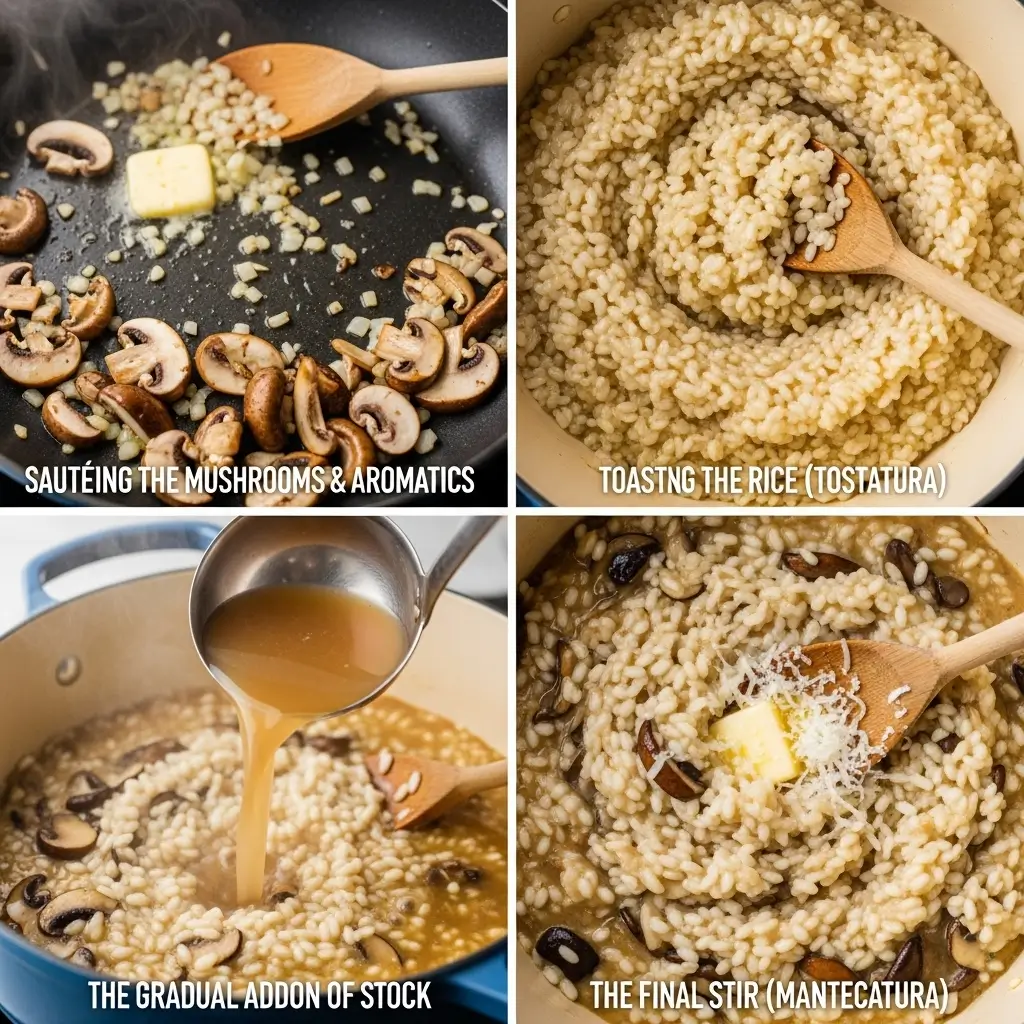 Four-step visual guide for making creamy mushroom risotto: 1) Sautéing mushrooms and shallots, 2) Toasting arborio rice, 3) Adding warm stock gradually, 4) Final stir with butter and Parmesan for a creamy finish