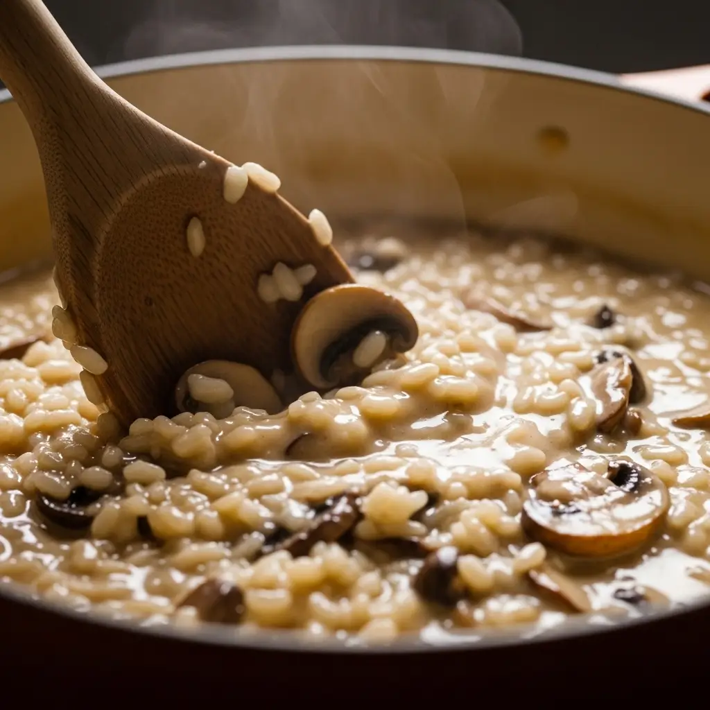 Four-step visual guide for making creamy mushroom risotto: 1) Sautéing mushrooms and shallots, 2) Toasting arborio rice, 3) Adding warm stock gradually, 4) Final stir with butter and Parmesan for a creamy finish